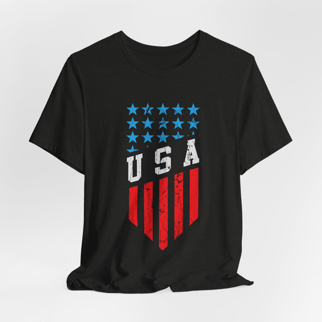 Black t-shirt with American flag design on a white background