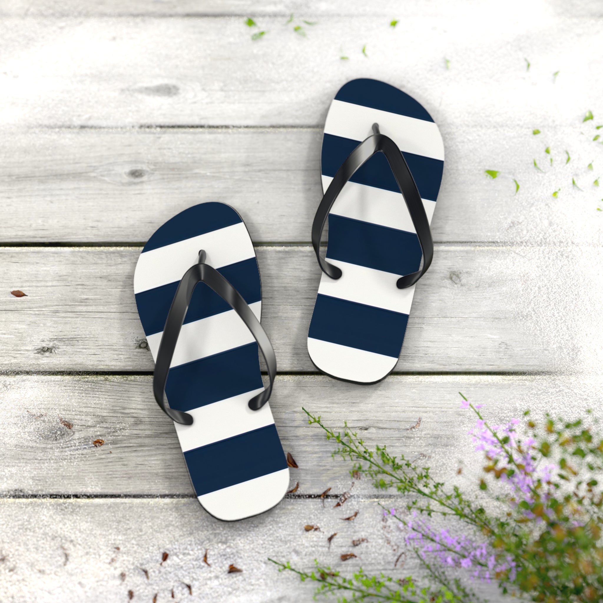 Navy & White Striped Flip Flops — Classic Beach Sandals