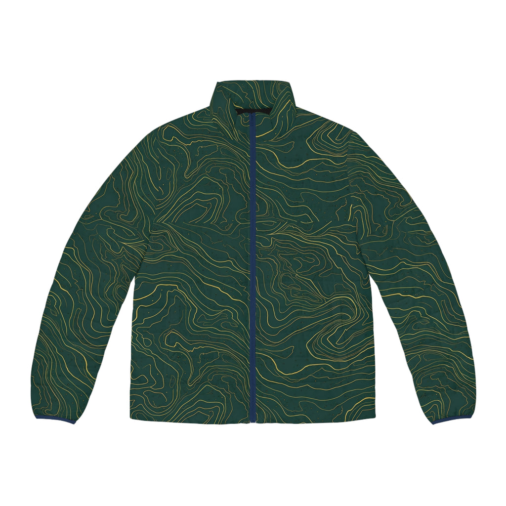 Topographic Line Pattern Puffer Jacket | Green Contour Map Design