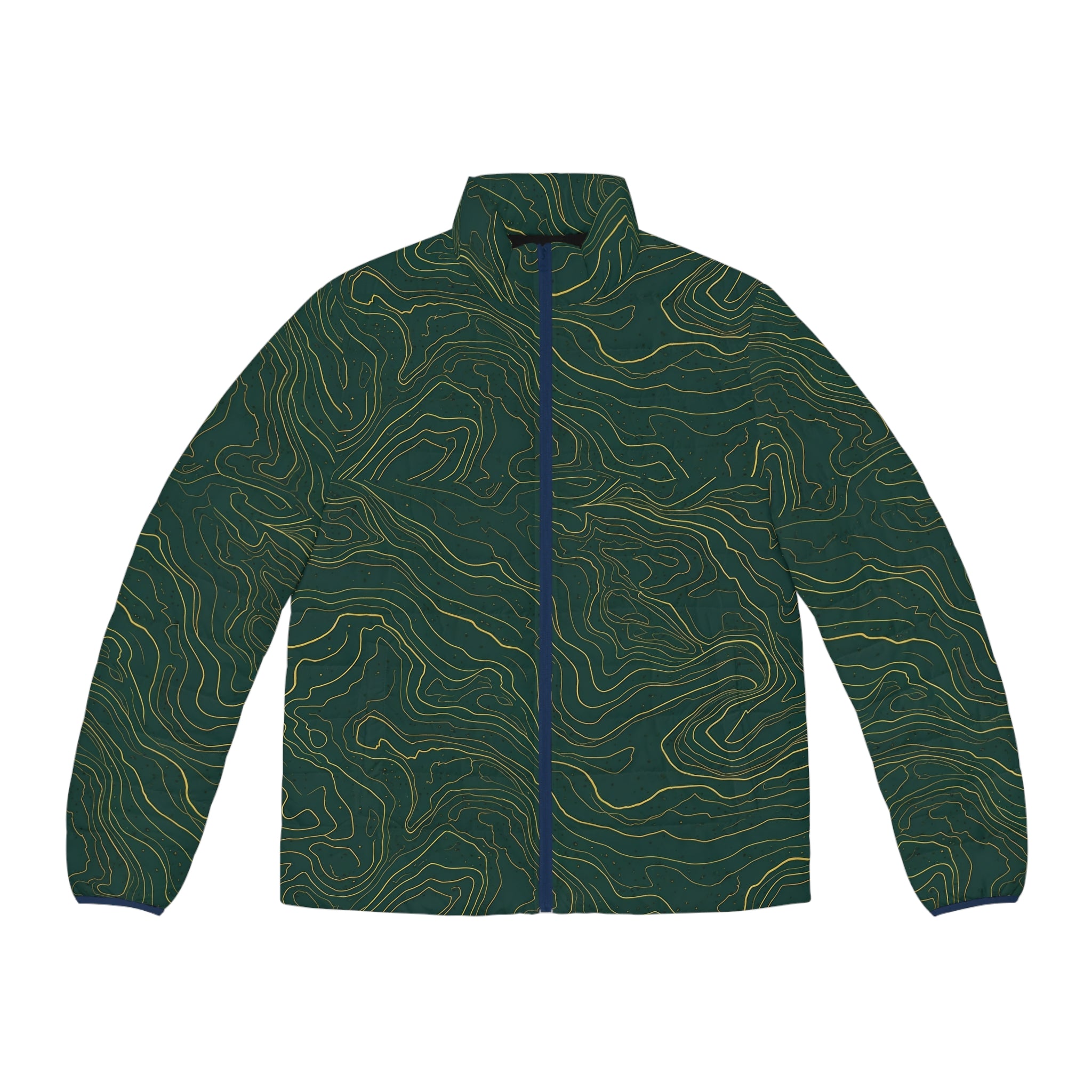 Topographic Line Pattern Puffer Jacket | Green Contour Map Design