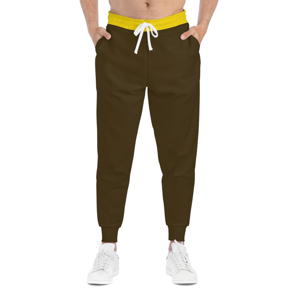 Brown sweatpants with a logo on a white background