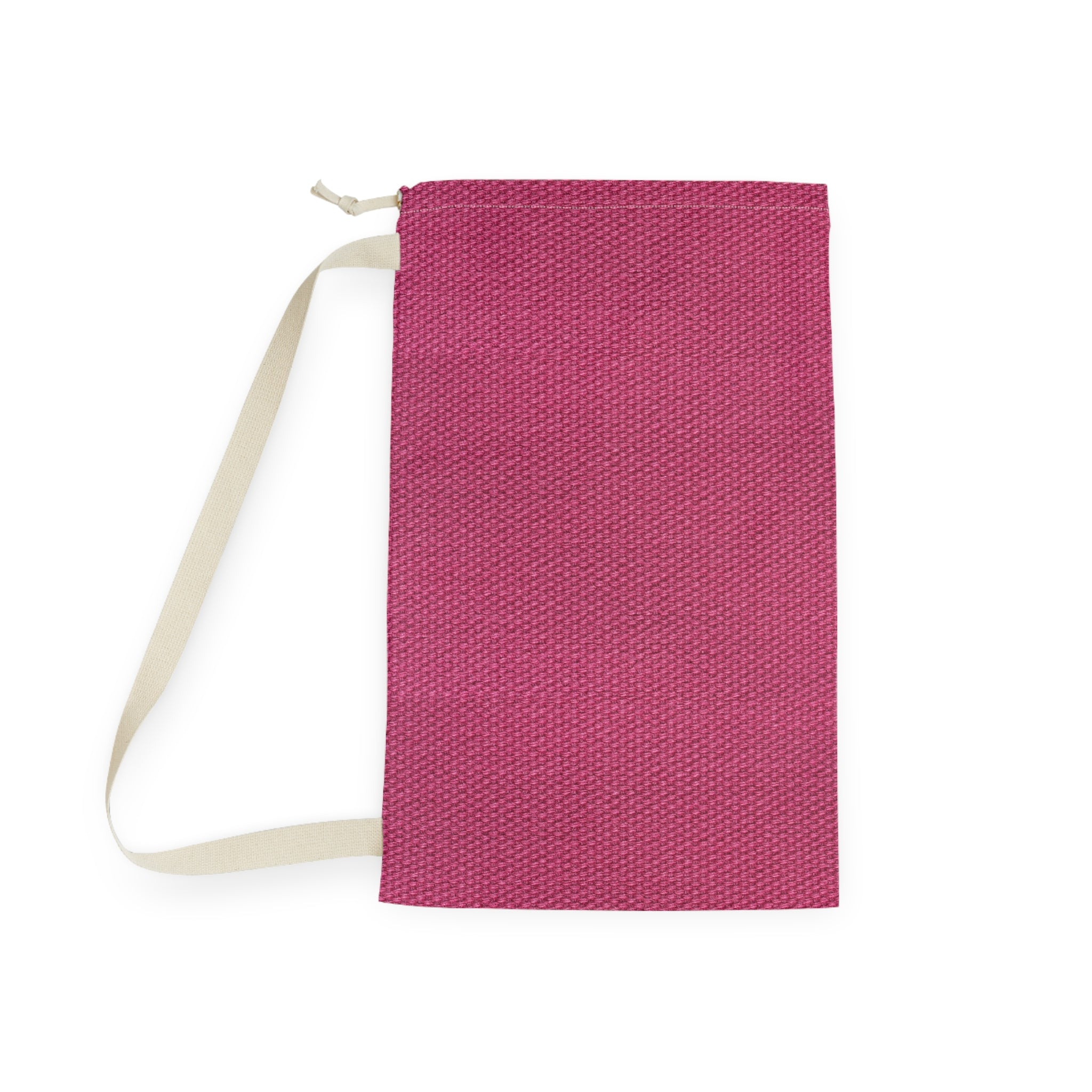 A rectangular pink woven drawstring bag with a cream-colored strap, shown flat against a white background.