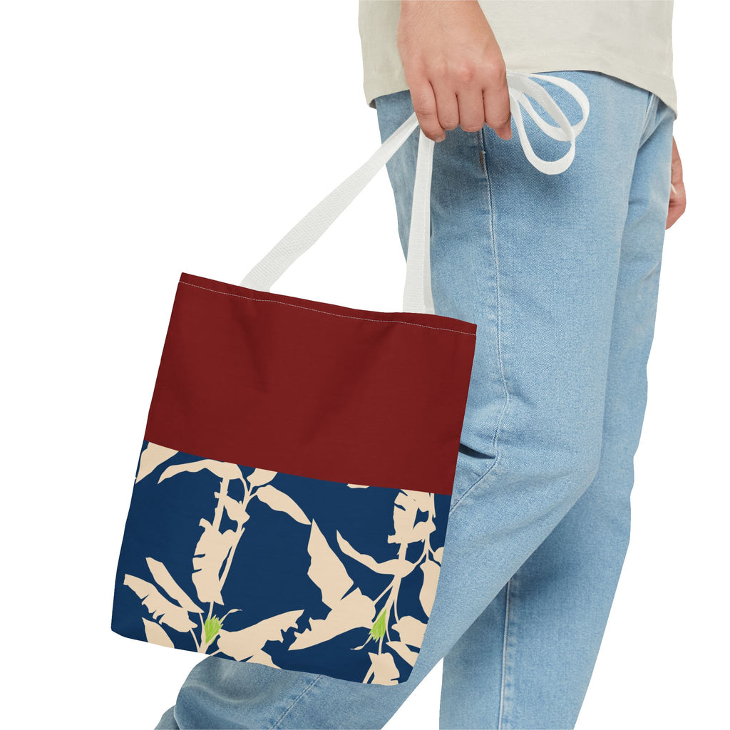 Red Navy Botanical Leaf Pattern Tote Bag