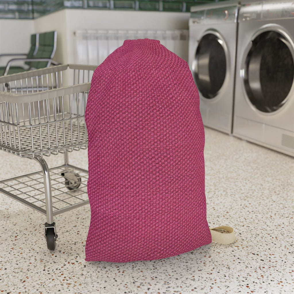 A large pink drawstring laundry bag with a textured pattern, standing on a speckled floor next to a metal shopping cart in front of washing machines.