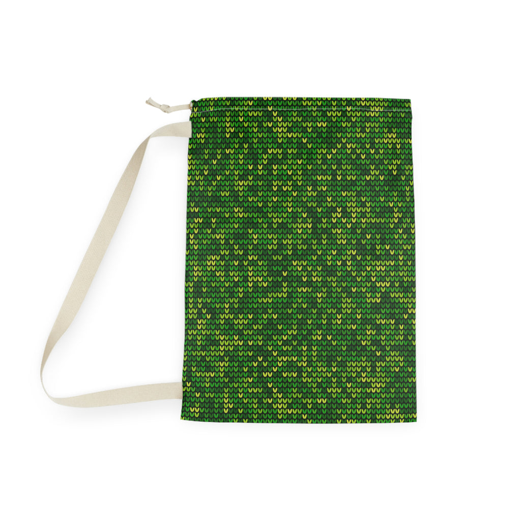 Green Knit Pattern Laundry Bag — Drawstring Travel & Storage Sack