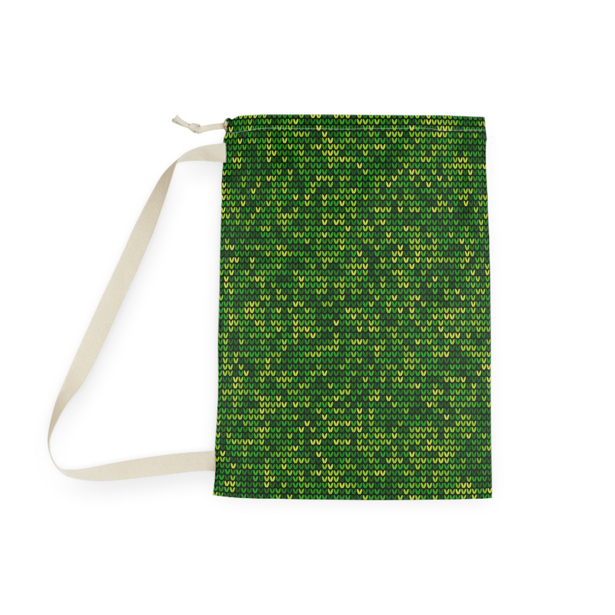 Green Knit Pattern Laundry Bag — Drawstring Travel & Storage Sack