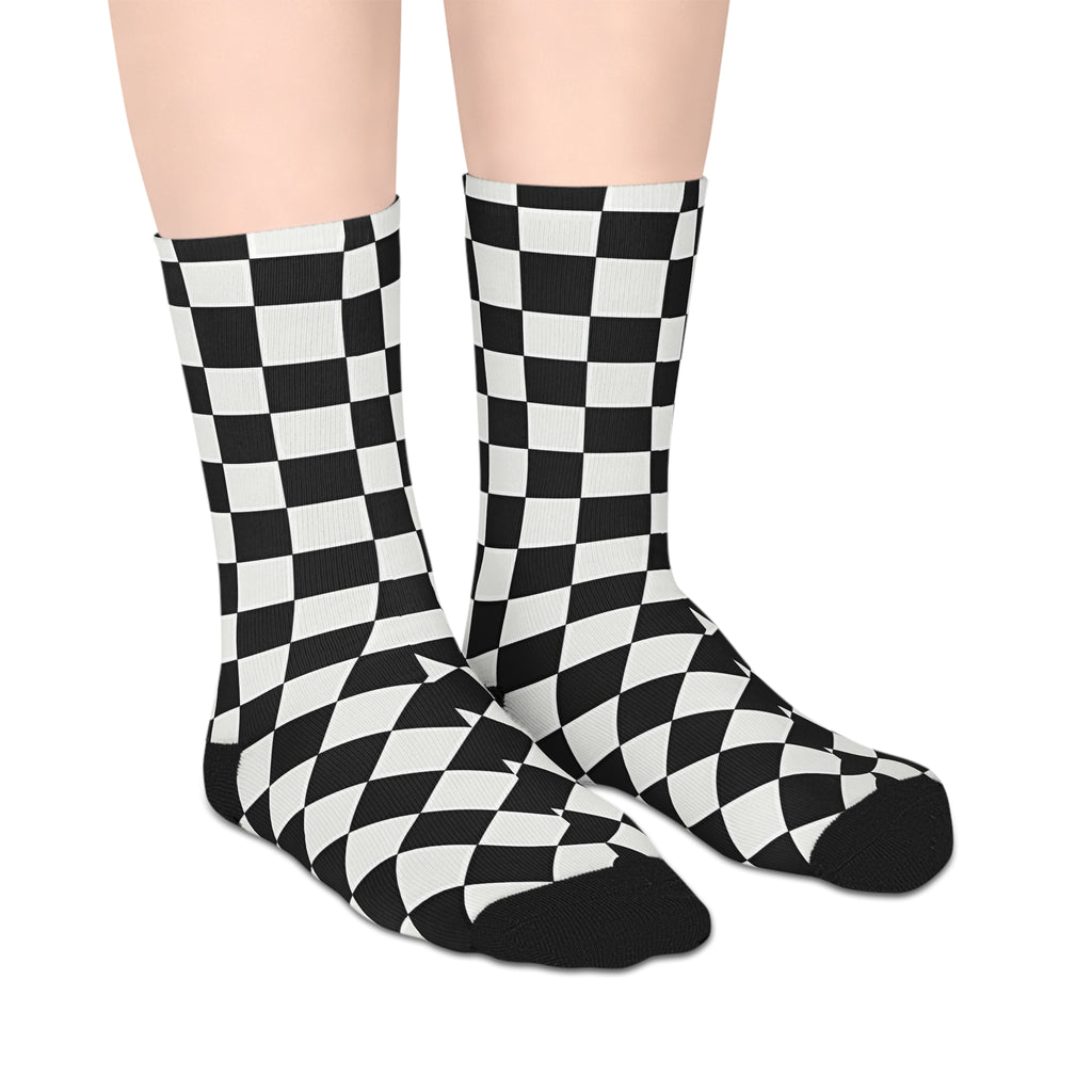 Checkerboard Mid-Length Socks — Black & White Retro Skate Crew