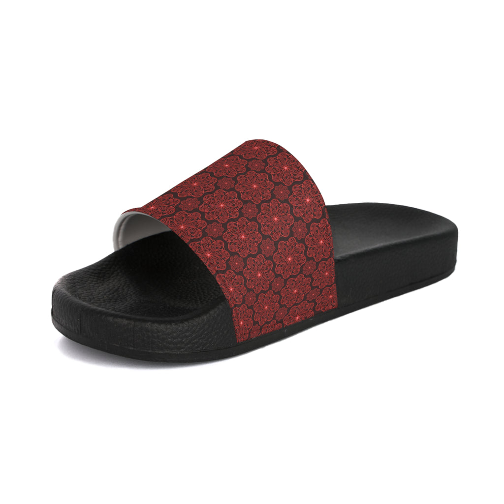 Women's Slide Sandals – Red Floral Mosaic Pattern Comfort Slides