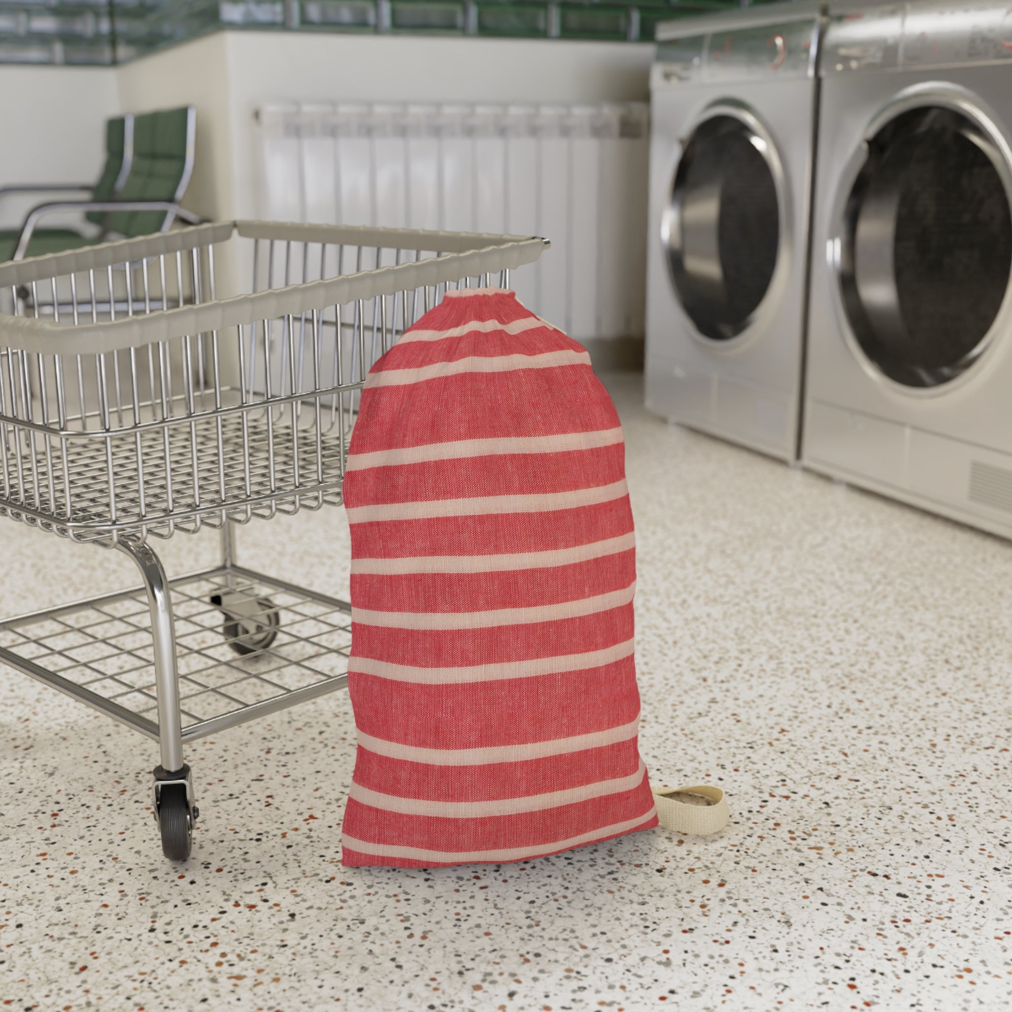 Striped Red Laundry Bag — Cotton Drawstring Laundry Tote