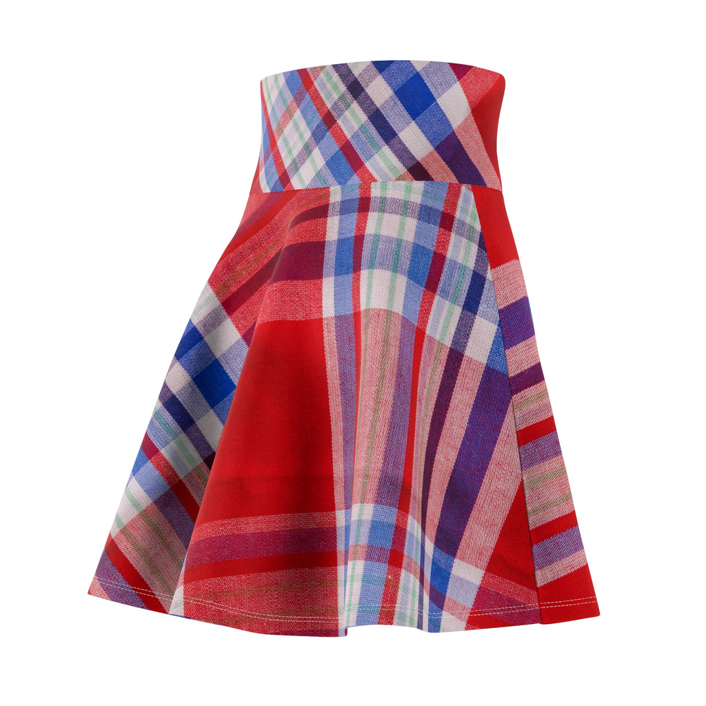 Red & Blue Plaid Skater Skirt — Vintage Tartan A-Line Mini for Casual & Holiday Wear