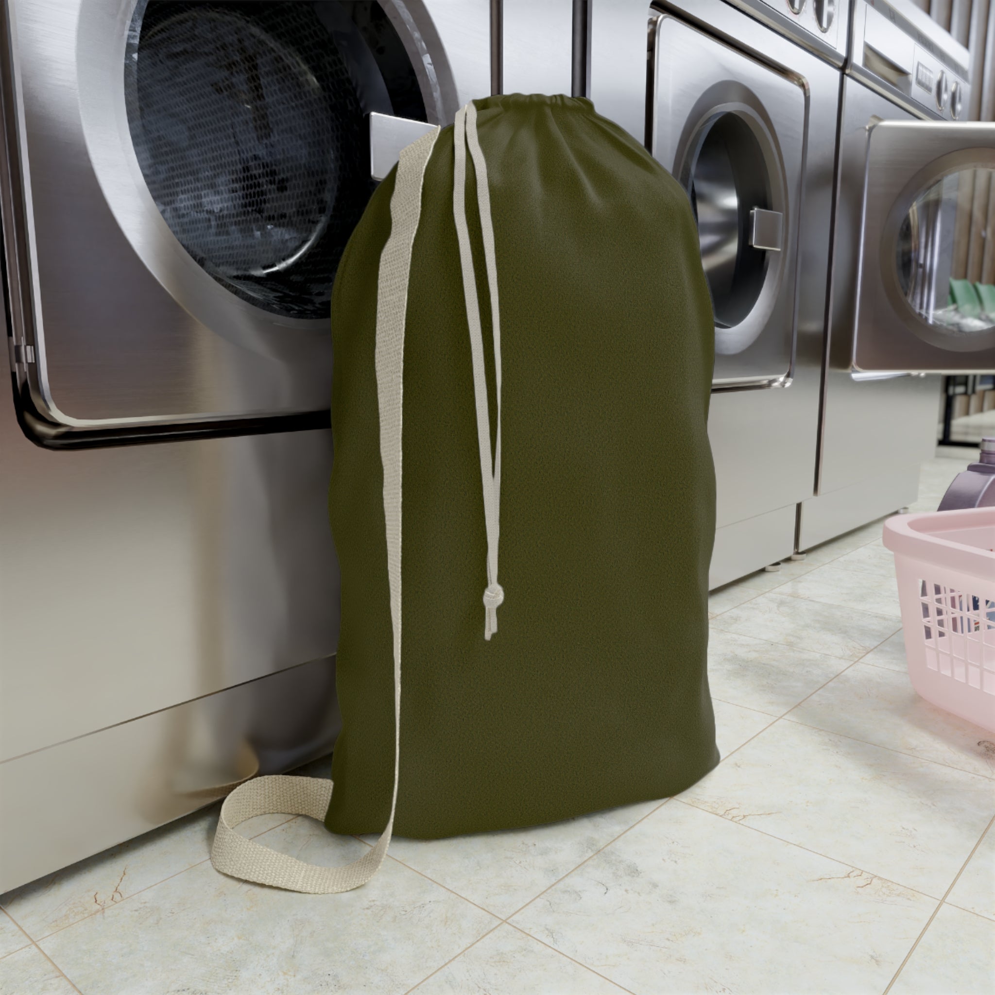 Olive Drawstring Laundry Bag — Compact Cotton Travel Hamper with Shoulder Strap