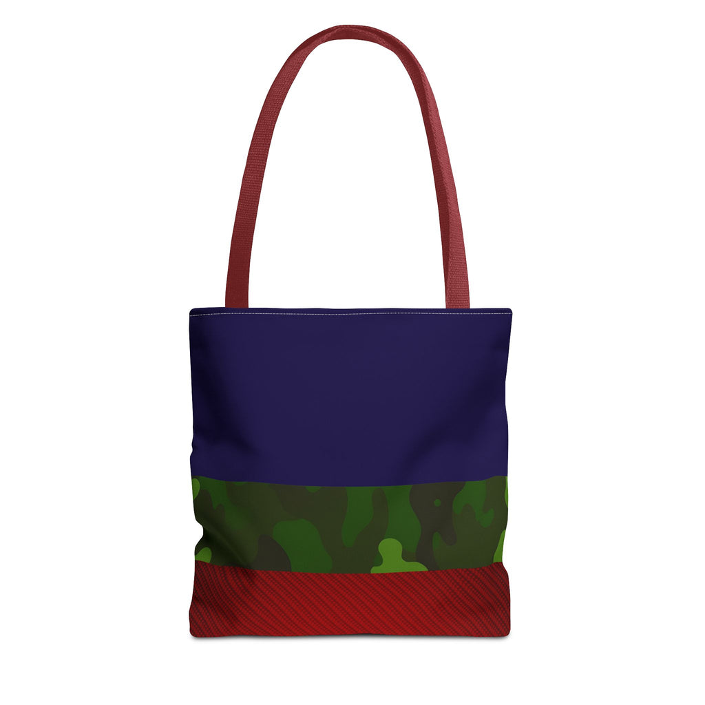 A tote bag with a dark blue upper section, a green camouflage pattern band in the middle, and a textured red bottom section, featuring reddish-brown shoulder straps, shown against a plain white background.