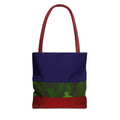 A tote bag with a dark blue upper section, a green camouflage pattern band in the middle, and a textured red bottom section, featuring reddish-brown shoulder straps, shown against a plain white background.