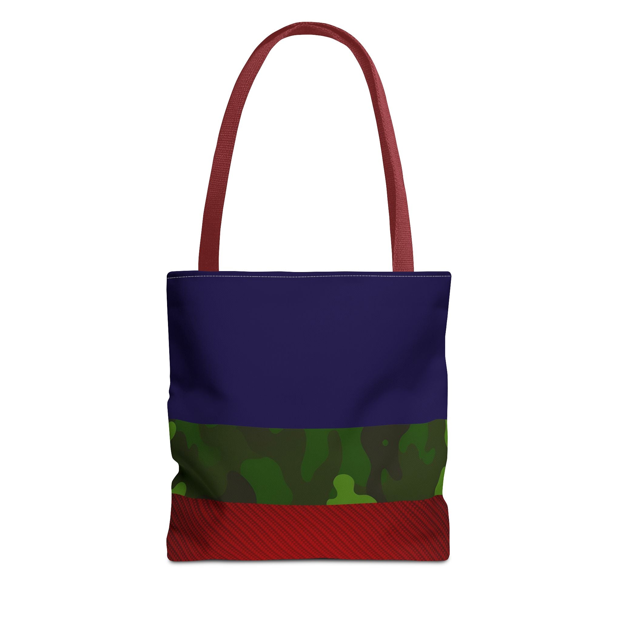A tote bag with a dark blue upper section, a green camouflage pattern band in the middle, and a textured red bottom section, featuring reddish-brown shoulder straps, shown against a plain white background.