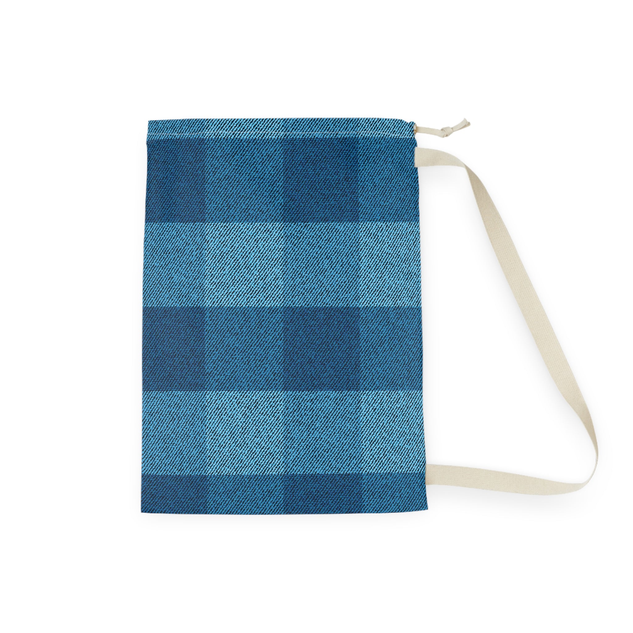 A fabric drawstring pouch featuring a blue and navy buffalo plaid pattern, with a beige strap and zipper pull, shown on a plain white background.