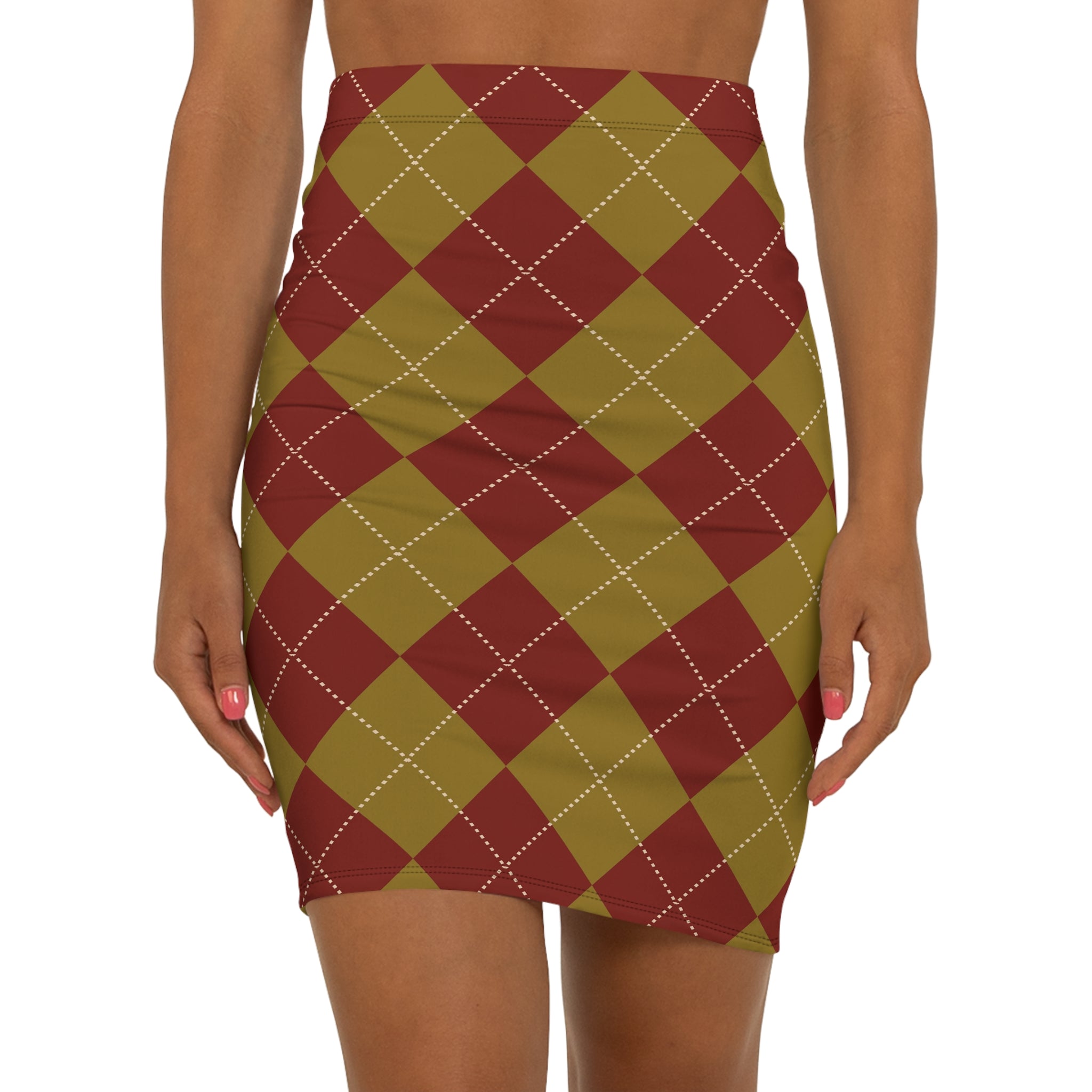 Maroon Olive Argyle Pencil Skirt | Plaid Pattern