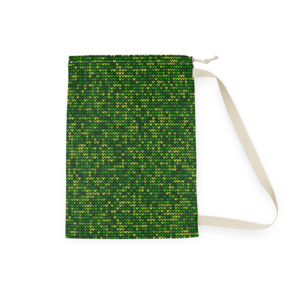 Green Knit Pattern Laundry Bag — Drawstring Travel & Storage Sack