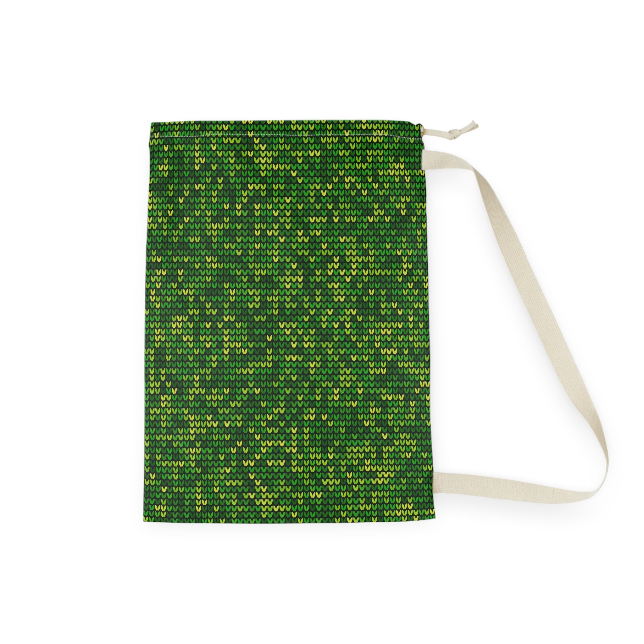 Green Knit Pattern Laundry Bag — Drawstring Travel & Storage Sack