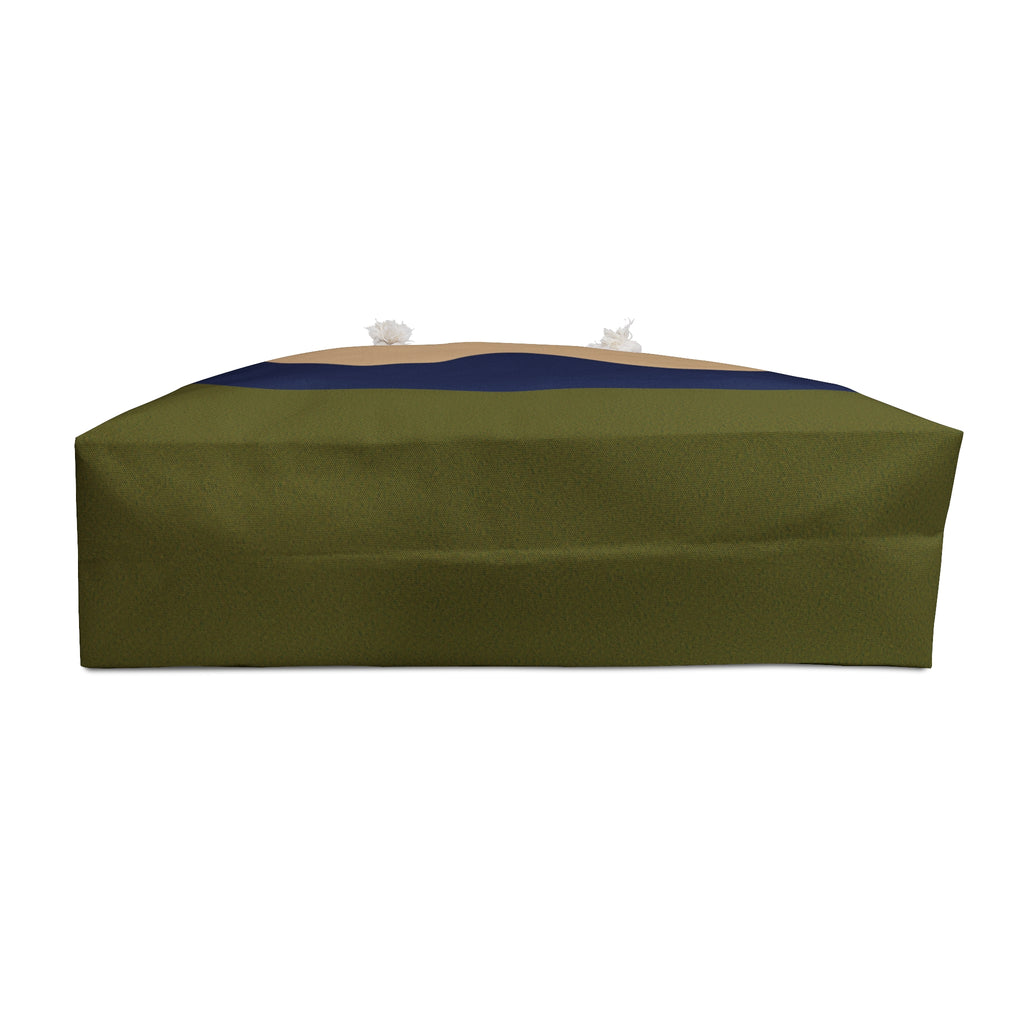 A rectangular storage box or container with a textured olive green body, a dark navy blue band across the top, and a light beige top surface with two small white objects resting on it, shown against a plain white background.