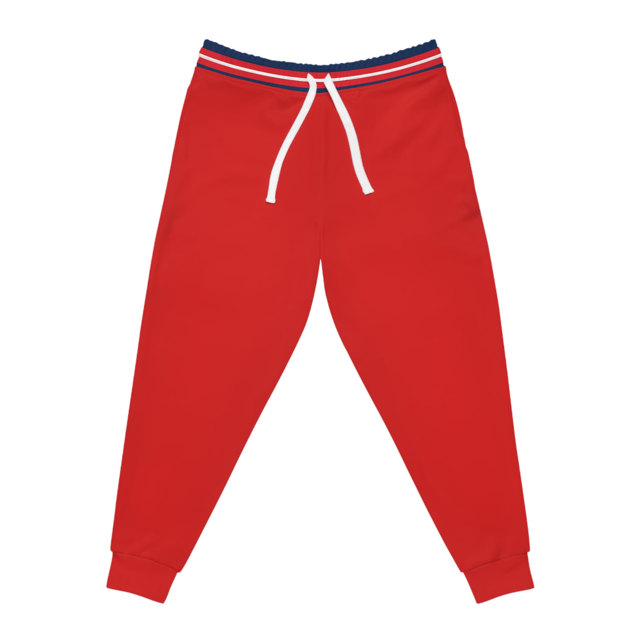 Red jogger sweatpants with a navy and red striped elastic waistband, white drawstrings, and ribbed ankle cuffs, shown flat on a white background.