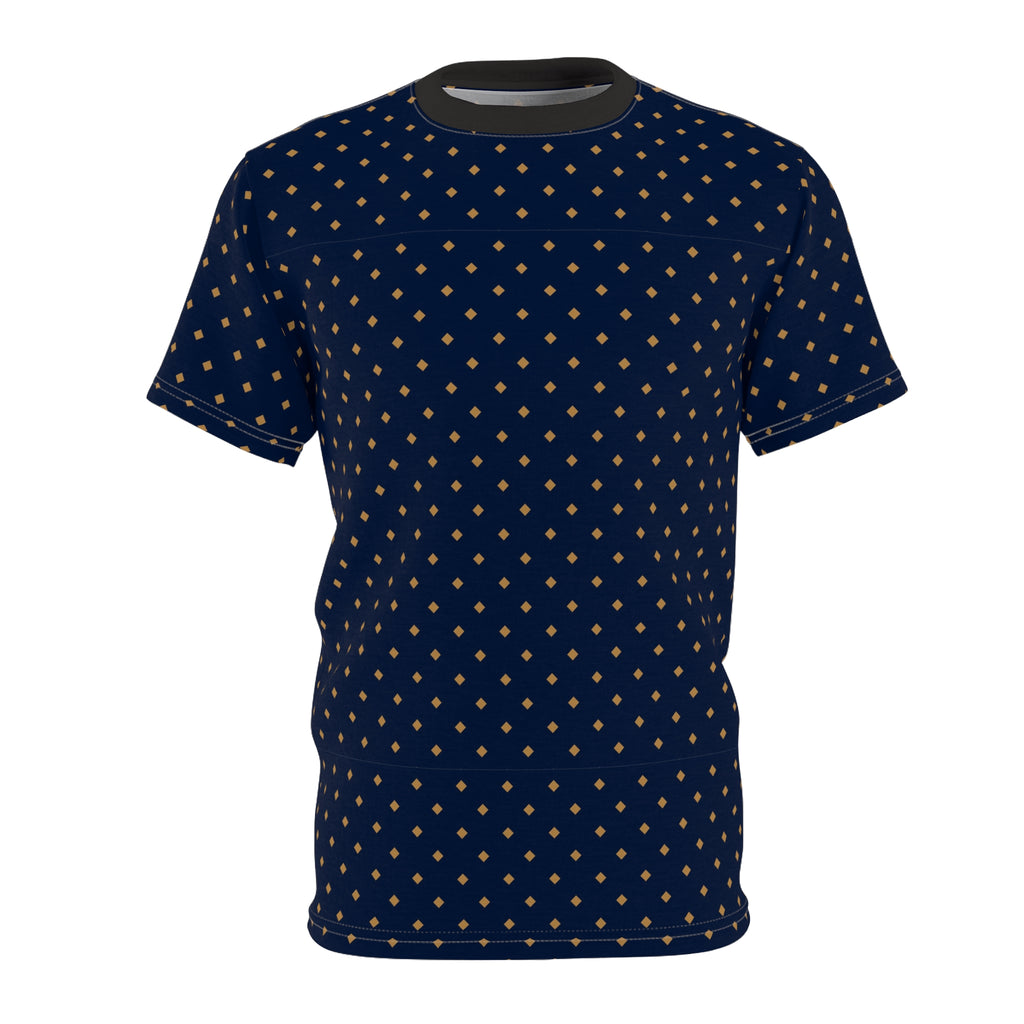 A navy blue short-sleeve crewneck t-shirt with a repeating pattern of small gold diamonds, shown against a plain white background.