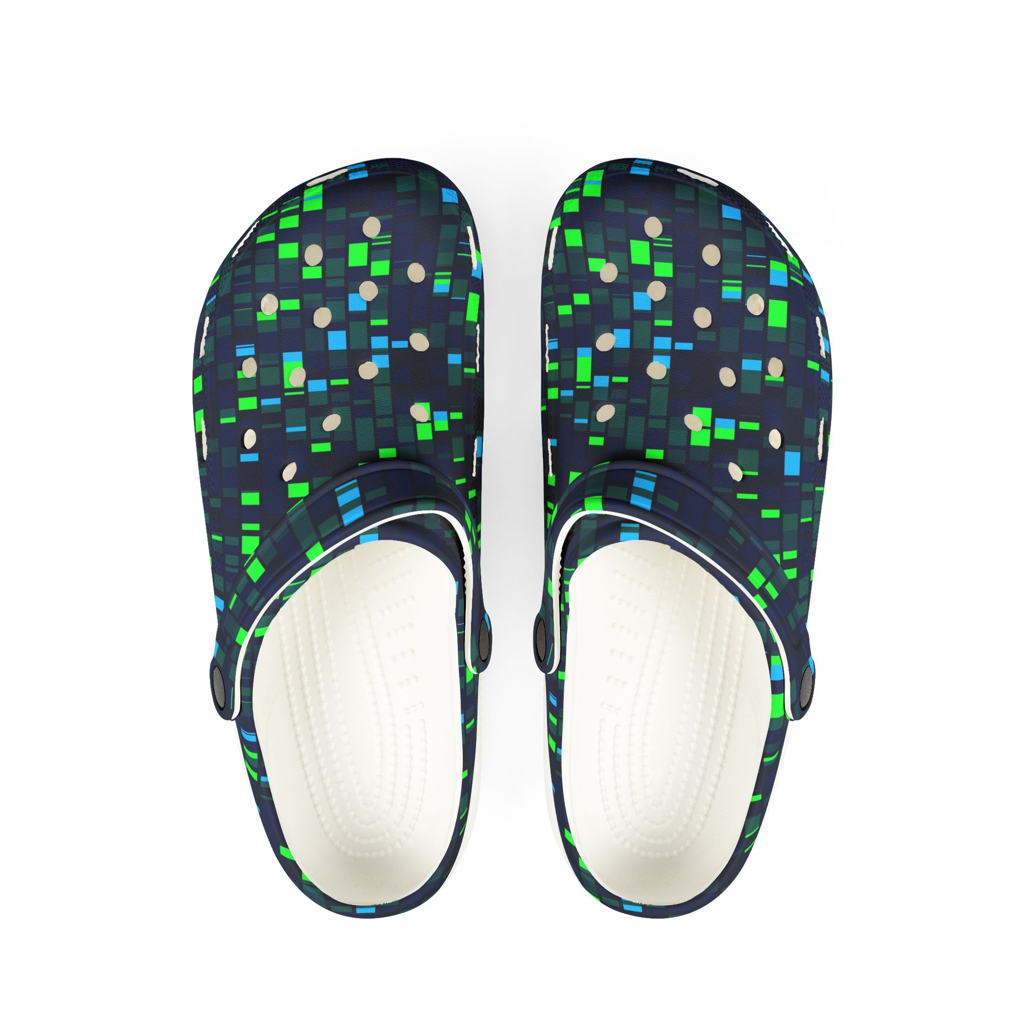 Pixel Grid Clogs — EVA Foam Slip-On Shoes with Green & Blue Digital Pattern