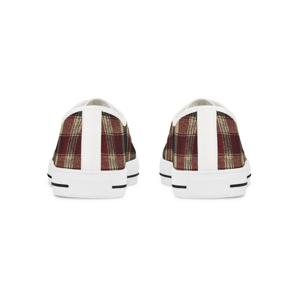 Plaid Low Top Sneakers — Vintage Red & Brown Casual Canvas Shoes