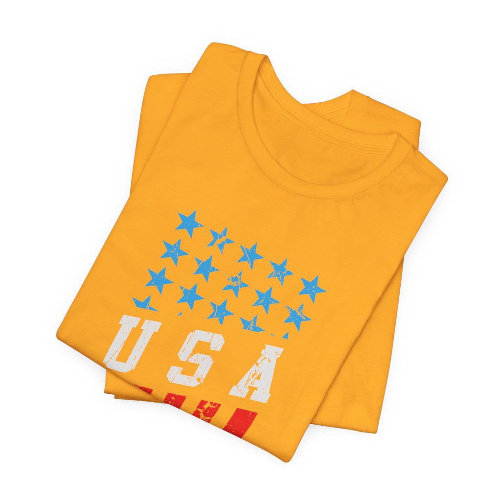 Yellow t-shirt with blue stars and 'USA' text on a white background