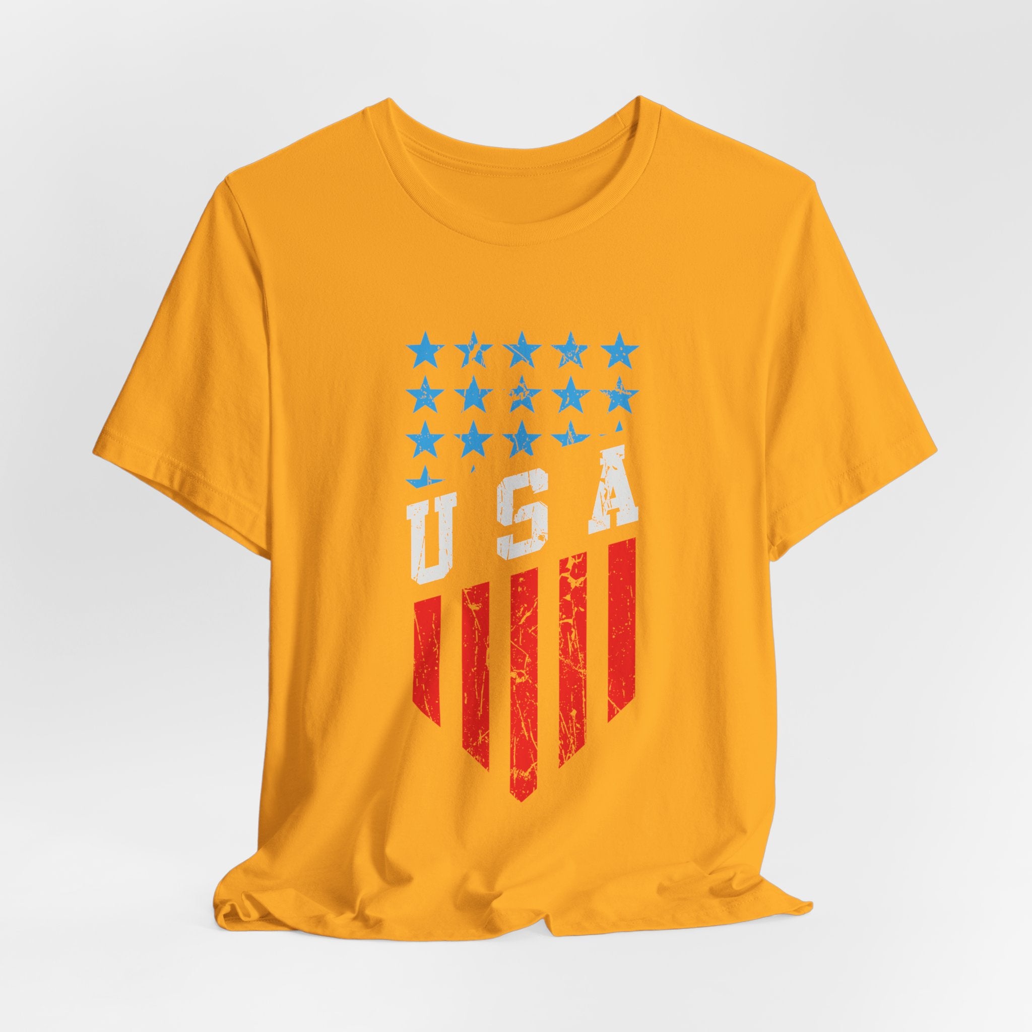 Yellow t-shirt with USA flag design on a light gray background