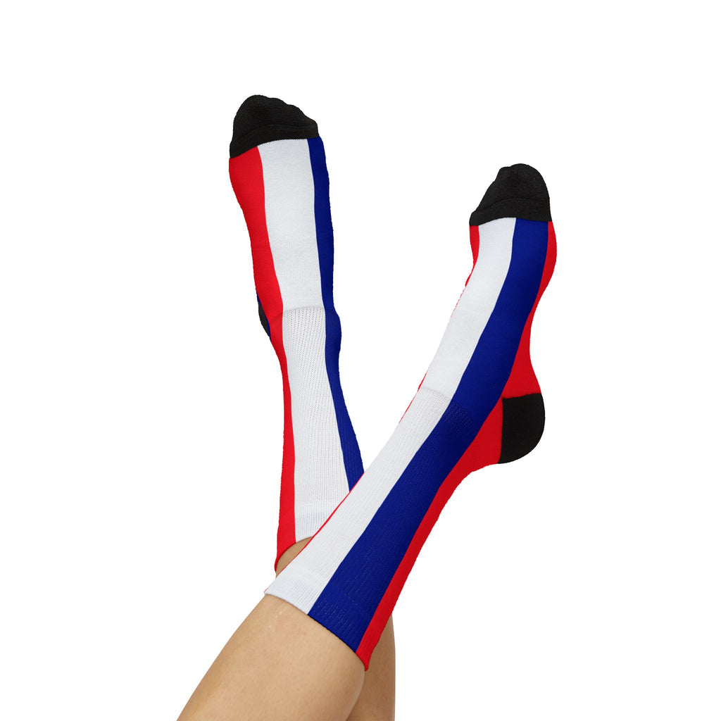 French Flag Stripe Sublimation Socks - Patriotic Red White Blue Crew Socks