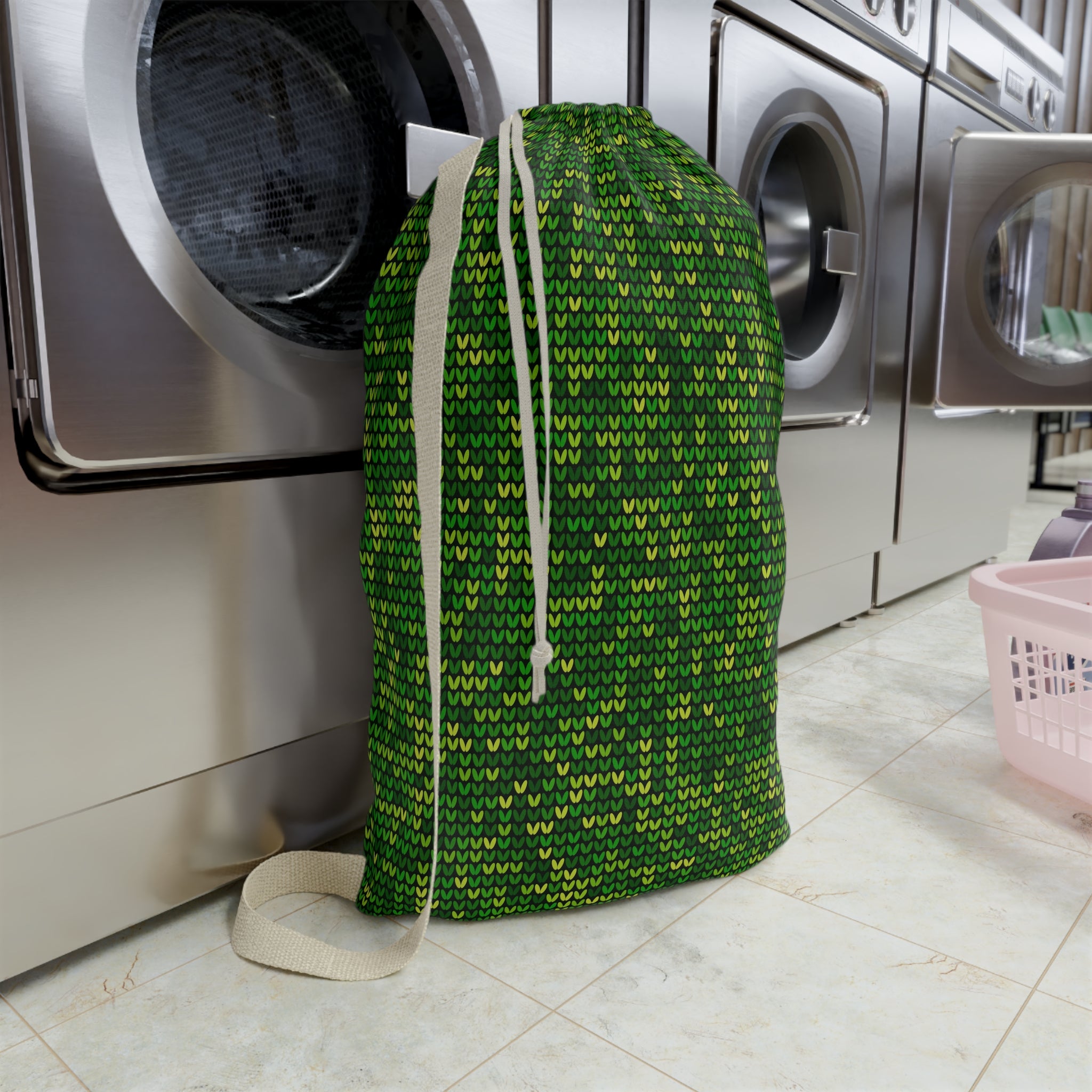 Green Knit Pattern Laundry Bag — Drawstring Travel & Storage Sack