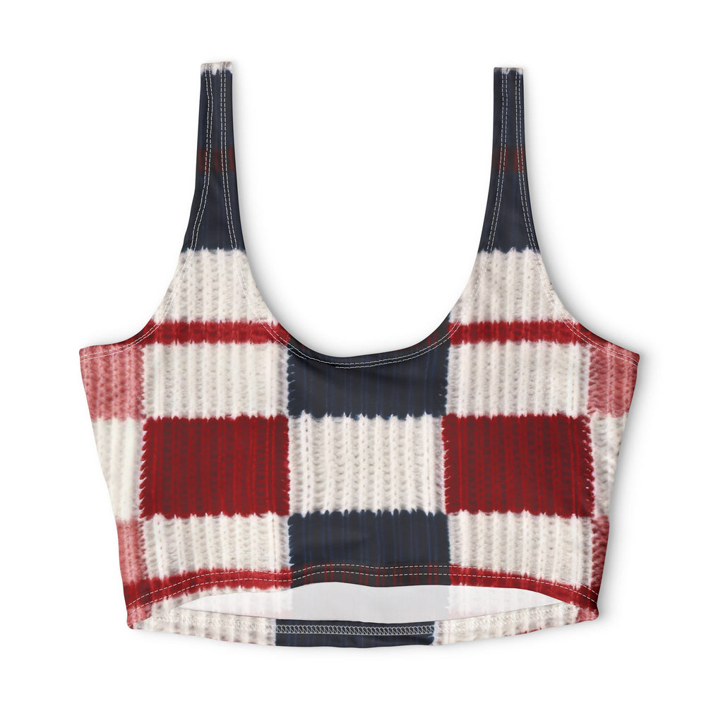 Plaid Cozy Sports Bra — Red & Navy Knit-Texture Crop Top
