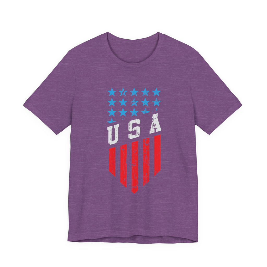 Purple t-shirt with USA graphic design on a white background
