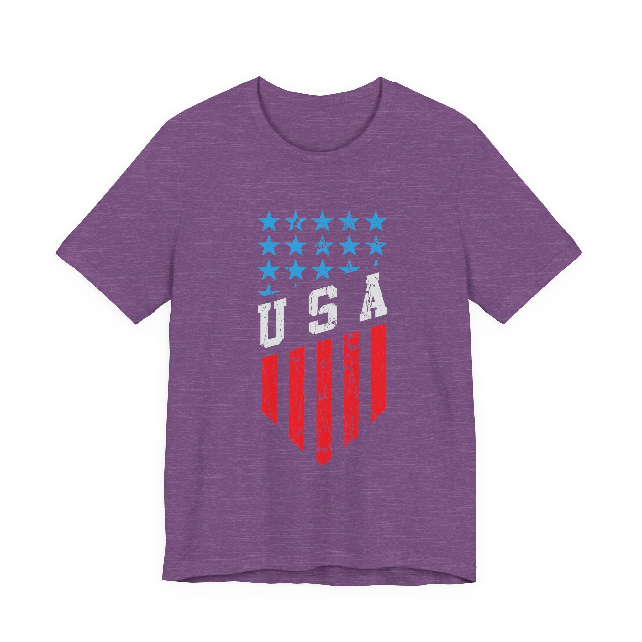 Purple t-shirt with USA graphic design on a white background