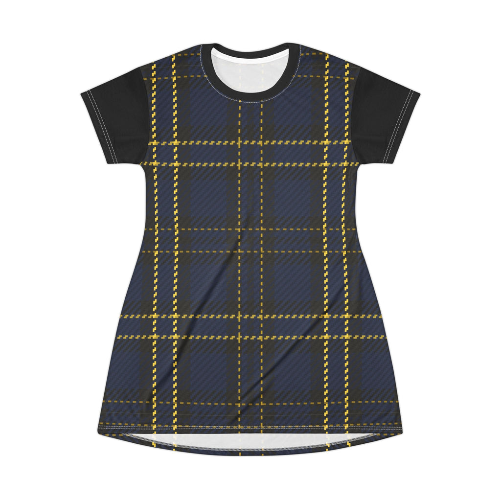 Plaid T‑Shirt Dress — Navy & Yellow Checked