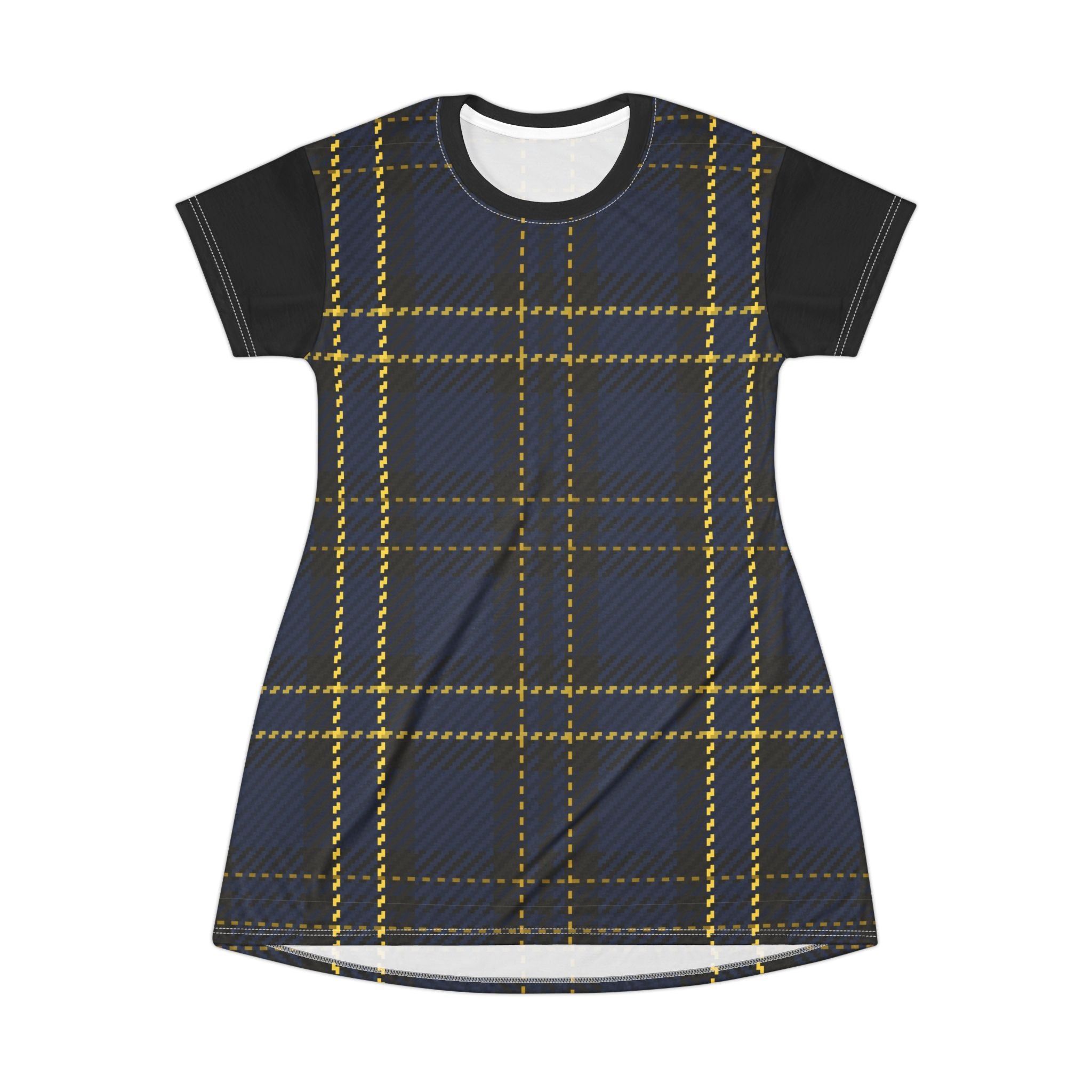 Plaid T‑Shirt Dress — Navy & Yellow Checked