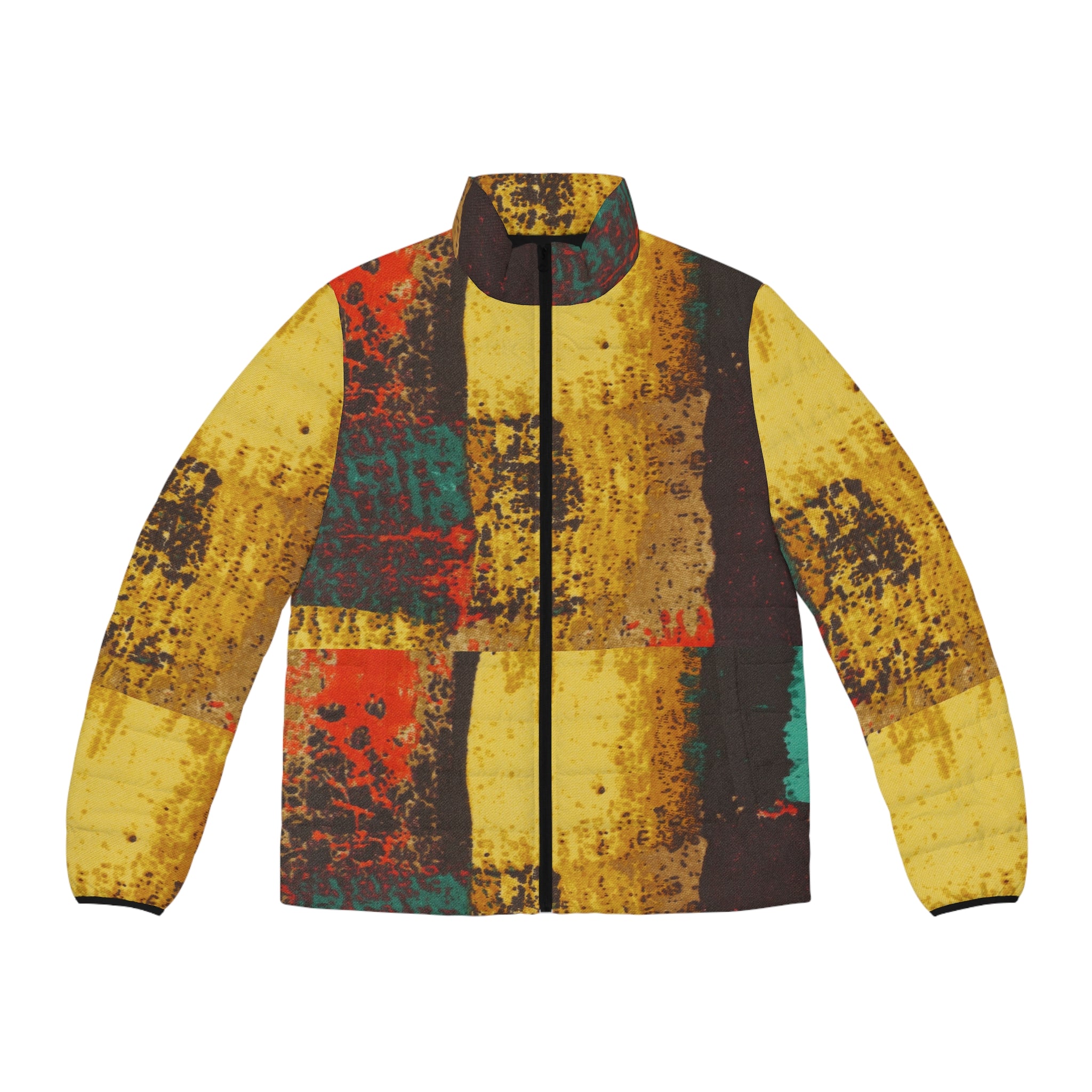 Men's Abstract Patchwork Puffer Jacket — Vintage Rustic Yellow Quilted Coat