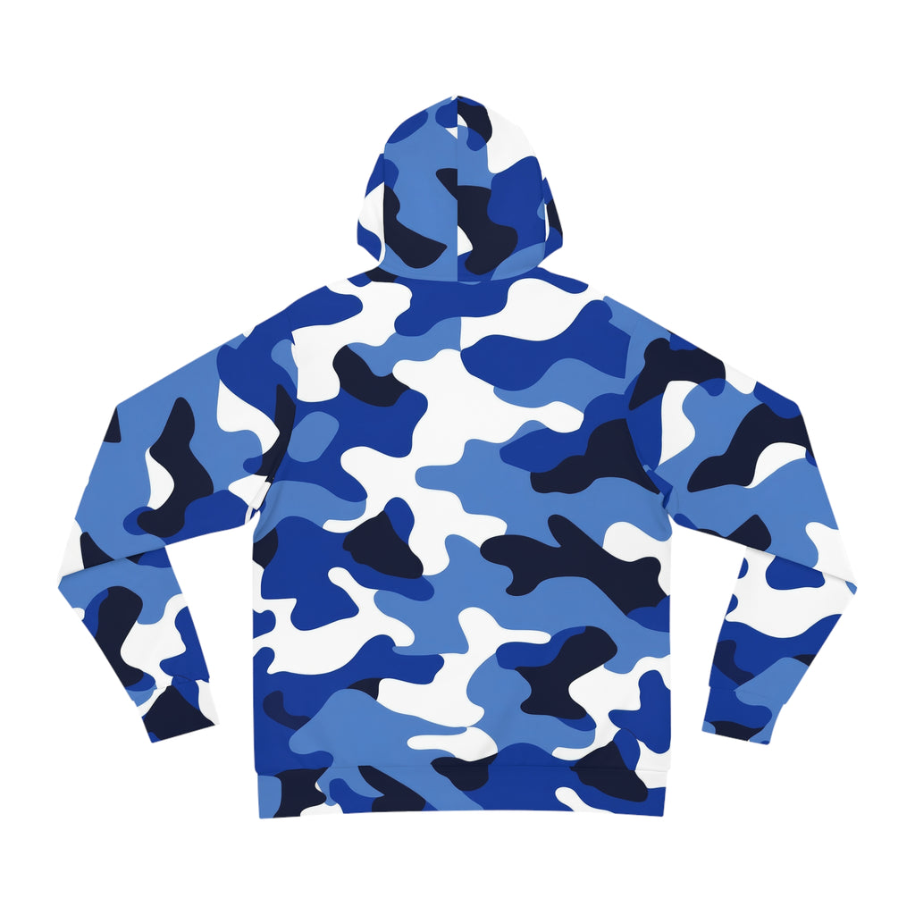 A blue and white camouflage hoodie shown from the back, featuring a pattern of royal blue, navy blue, light blue, and white shapes, set against a plain white background.