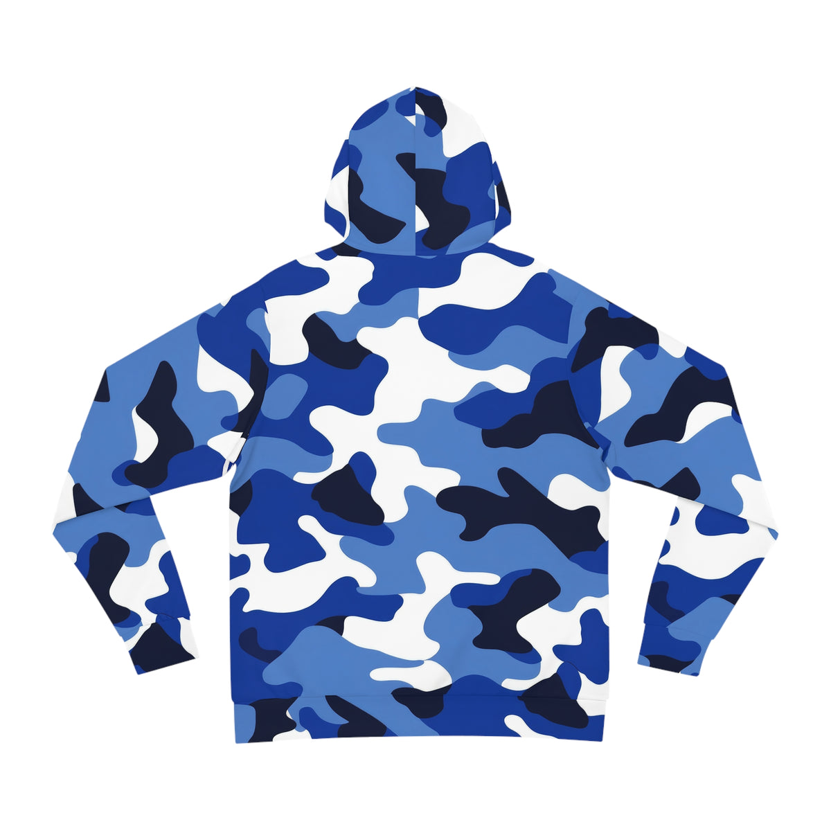 A blue and white camouflage hoodie shown from the back, featuring a pattern of royal blue, navy blue, light blue, and white shapes, set against a plain white background.