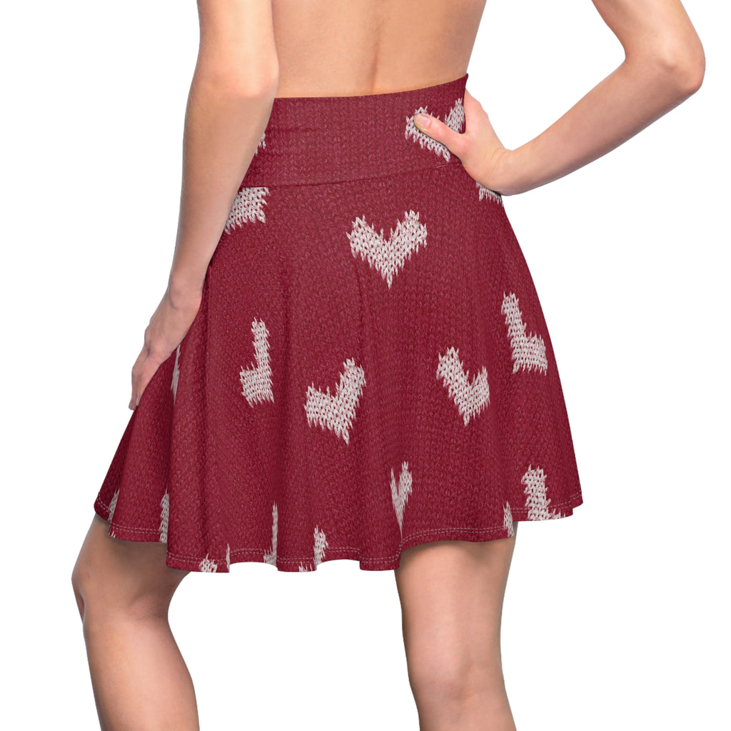 Knit Heart Pattern Skater Skirt | Red Heart Print Skirt