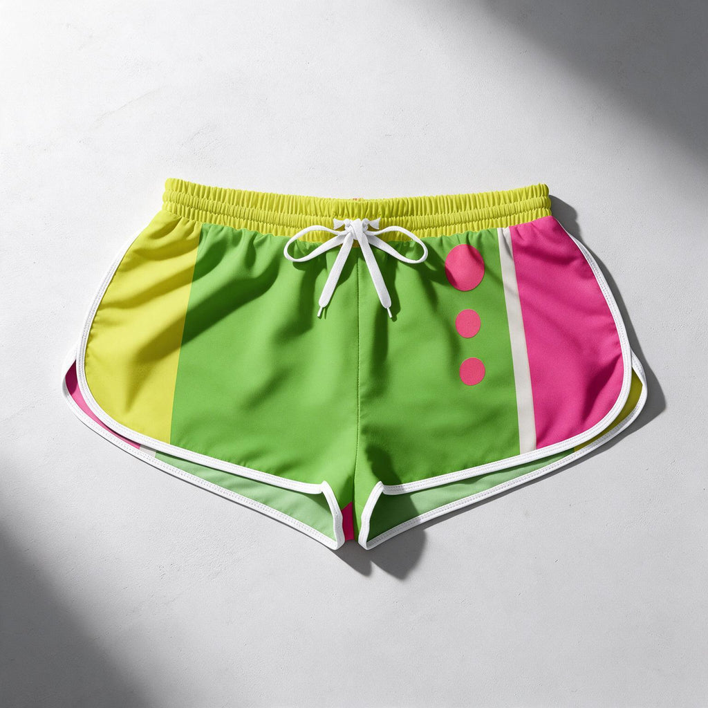 Colorful athletic shorts with a watermelon-inspired design, featuring lime green, yellow, and hot pink panels with white piping and a white drawstring, laid flat on a light gray surface.