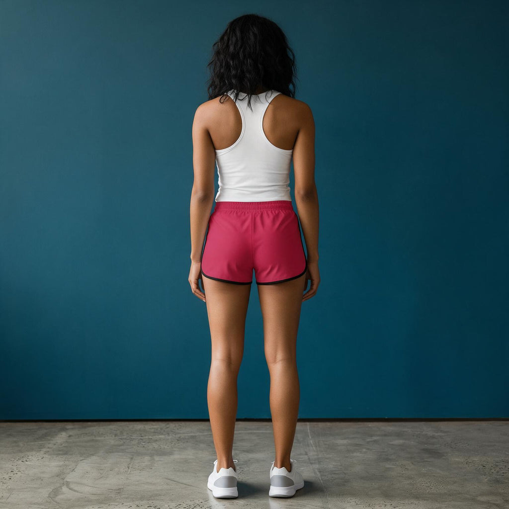 A woman stands with her back to the camera wearing bright pink athletic shorts with black side piping, a white tank top, and white sneakers against a dark teal wall and concrete floor.