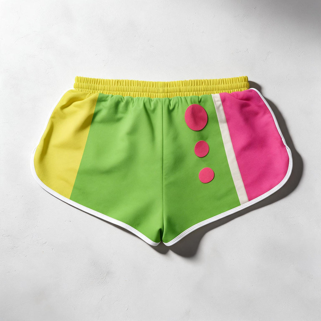 Colorful athletic shorts with a bright green center panel, yellow side panels, a pink side panel, and three pink circular accents on the front, displayed flat on a light gray background.