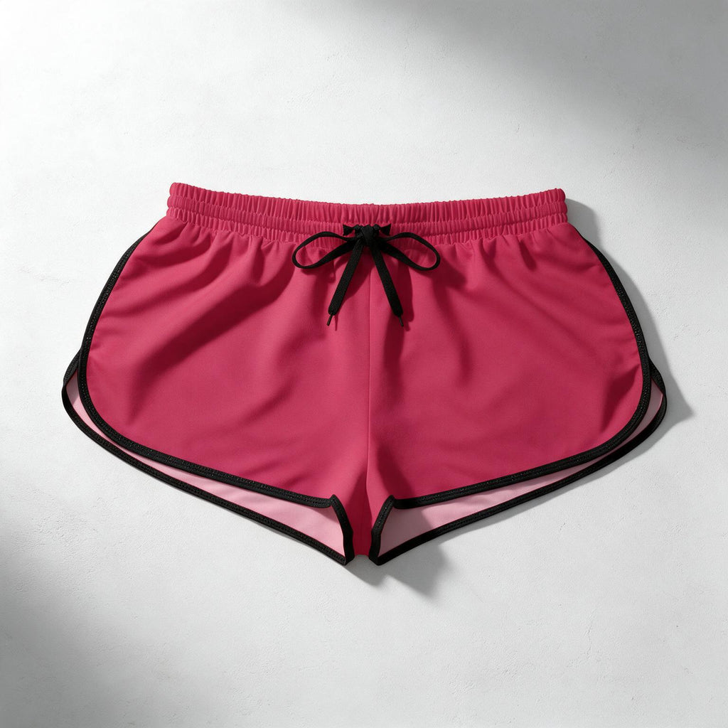 Bright pink athletic shorts with black trim and a black drawstring, laid flat on a light gray surface.