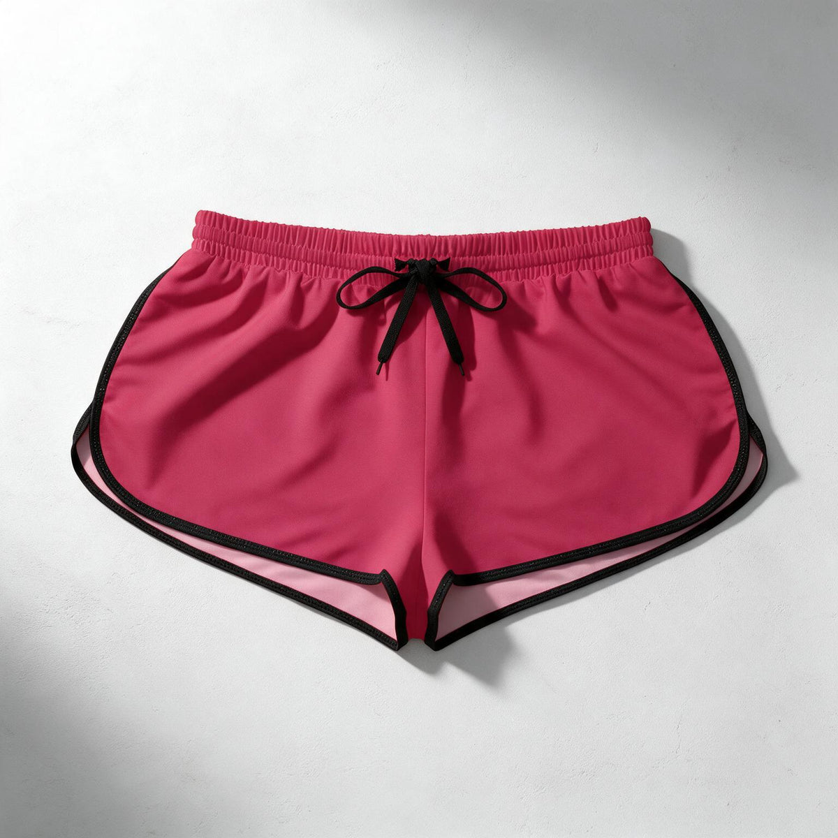 Bright pink athletic shorts with black trim and a black drawstring, laid flat on a light gray surface.