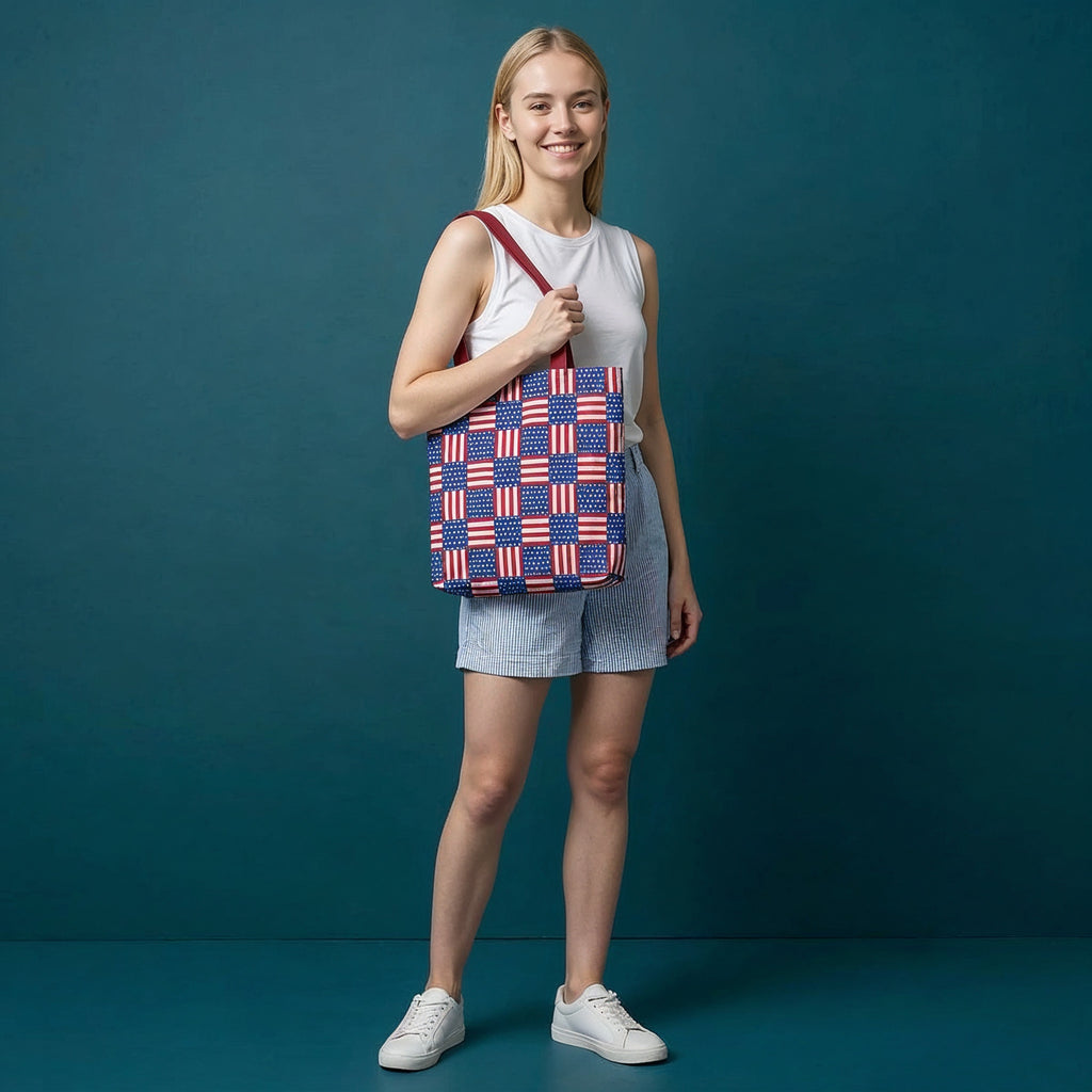 American Flag Patchwork Tote Bag | Patriotic Stars Stripes AOP