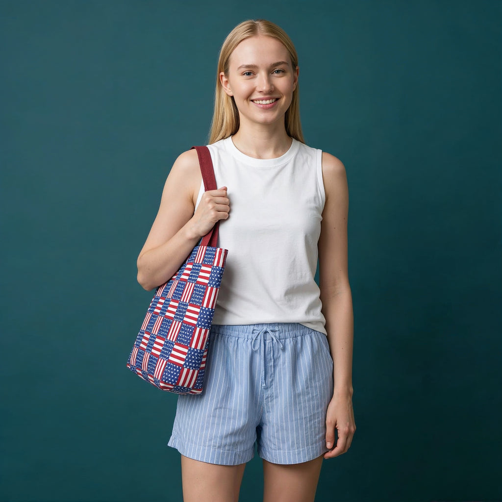 American Flag Patchwork Tote Bag | Patriotic Stars Stripes AOP