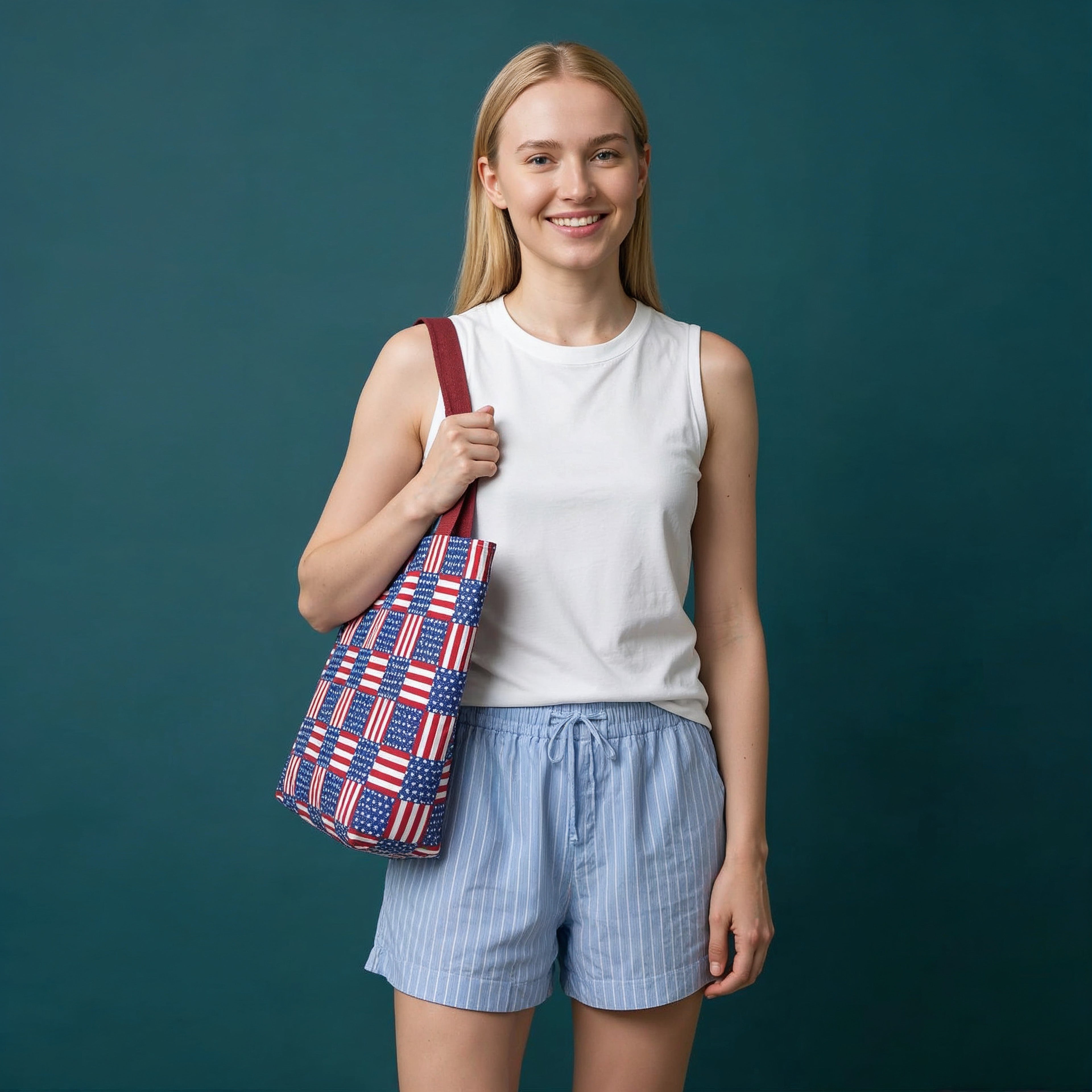 American Flag Patchwork Tote Bag | Patriotic Stars Stripes AOP