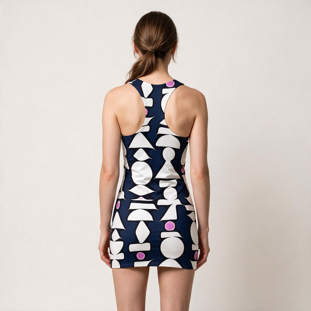 Abstract Geometric Shapes Racerback Dress | Navy White Pink Pattern