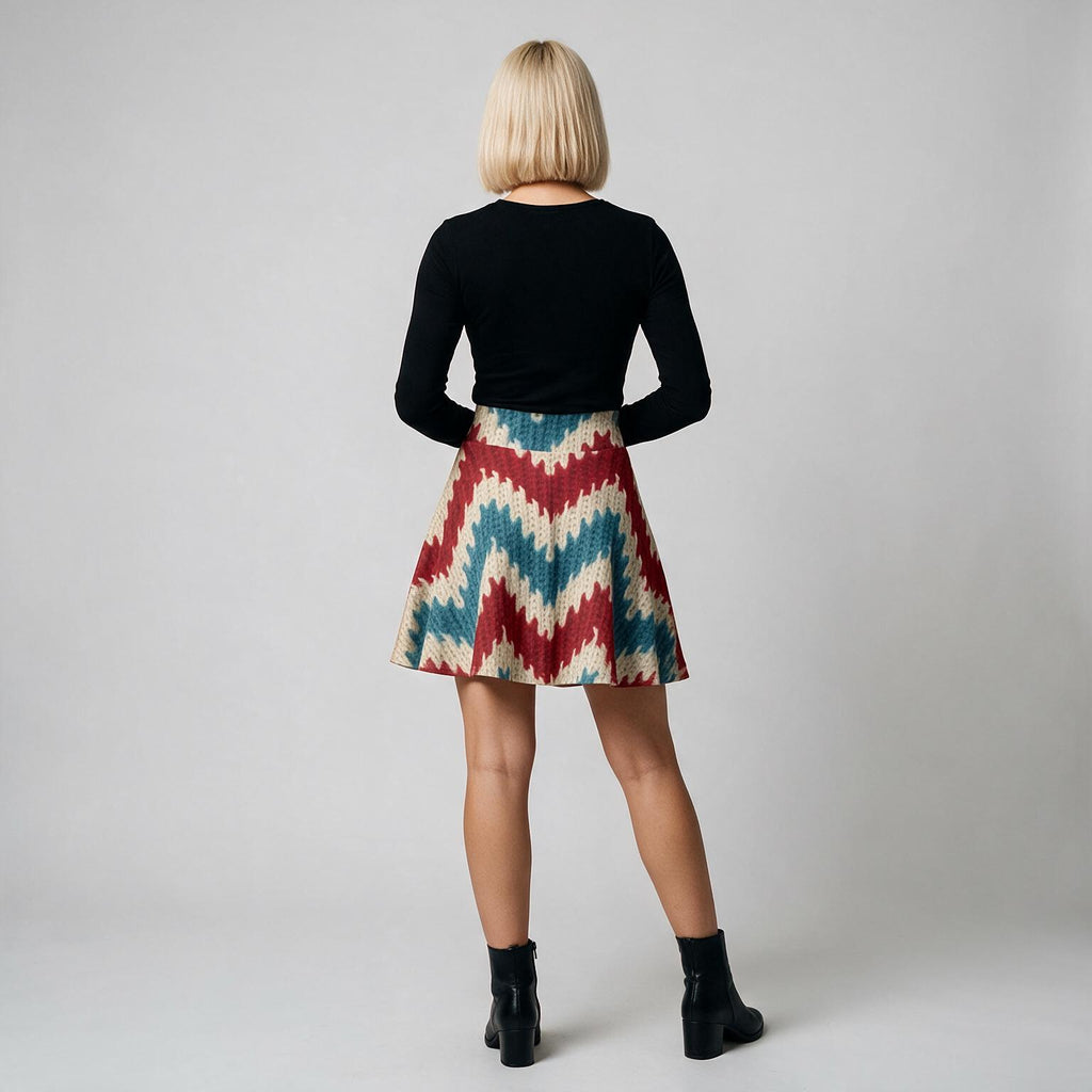 A woman is shown from behind wearing a black long-sleeve crop top and a flared A-line mini skirt with a red, blue, and beige chevron pattern, paired with black ankle boots, against a light gray studio background.